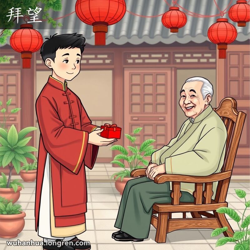 一位年轻人恭敬地站在长者面前，手持礼物盒，背景是传统中式庭院