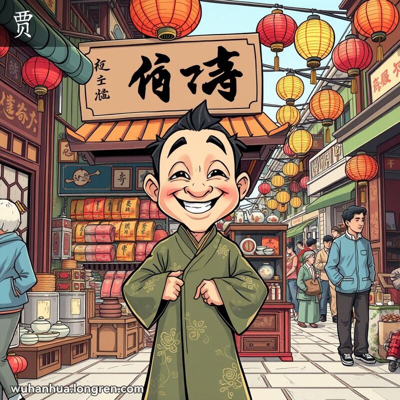 一位武汉商人站在传统市场街道的店铺前，微笑着与顾客互动，背景是热闹的市场景象。