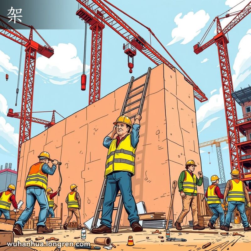 武汉建筑工地上，工人正在架设梯子，背景是忙碌的工地场景