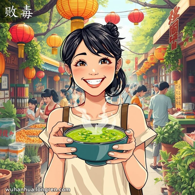 一位年轻女子在武汉街头市场手持绿豆汤，背景是繁忙的市场和中草药摊位