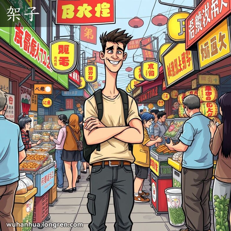 一位高个子的武汉男子在热闹的市场中与摊主互动，背景是色彩鲜艳的摊位和产品，画面生动。