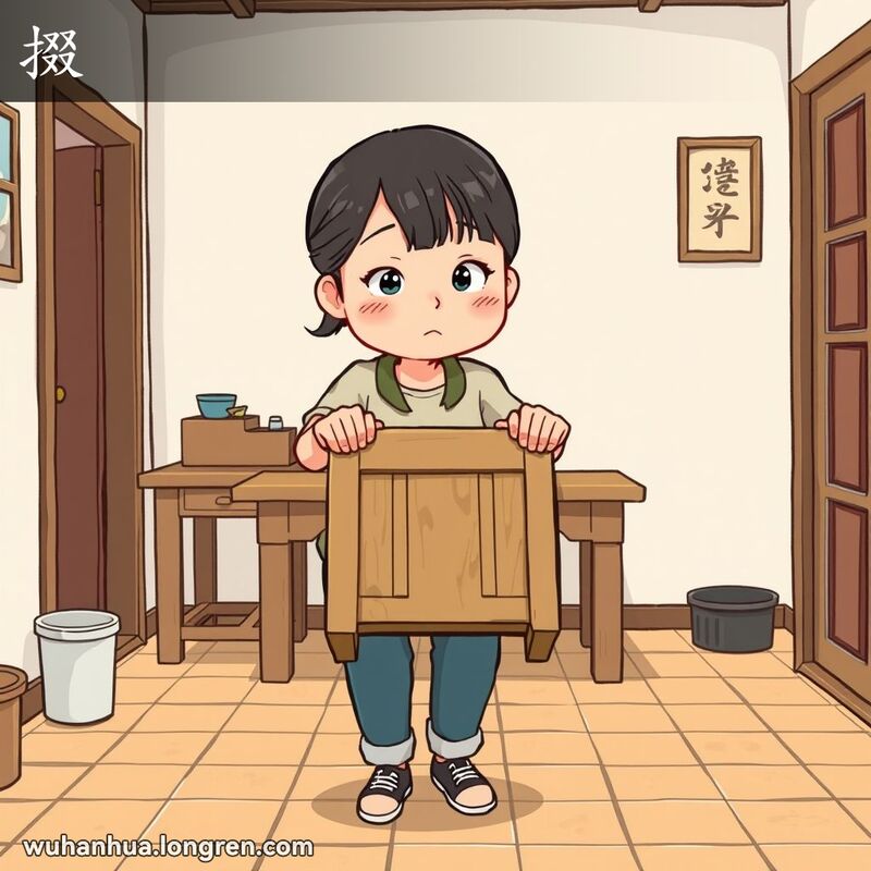 一位女性在家中双手平举着一张木凳，表现“掇”的动作，背景是简单的家具和日常用品