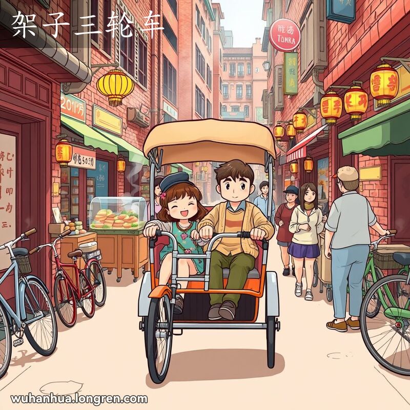 武汉老街上，一辆有篷的三轮车载着乘客，车夫轻松踩着脚踏板，背景有小摊贩和行人