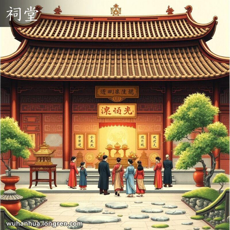 传统中国祠堂内，家族成员身穿传统服饰进行祭拜仪式，背景是宁静的庭院