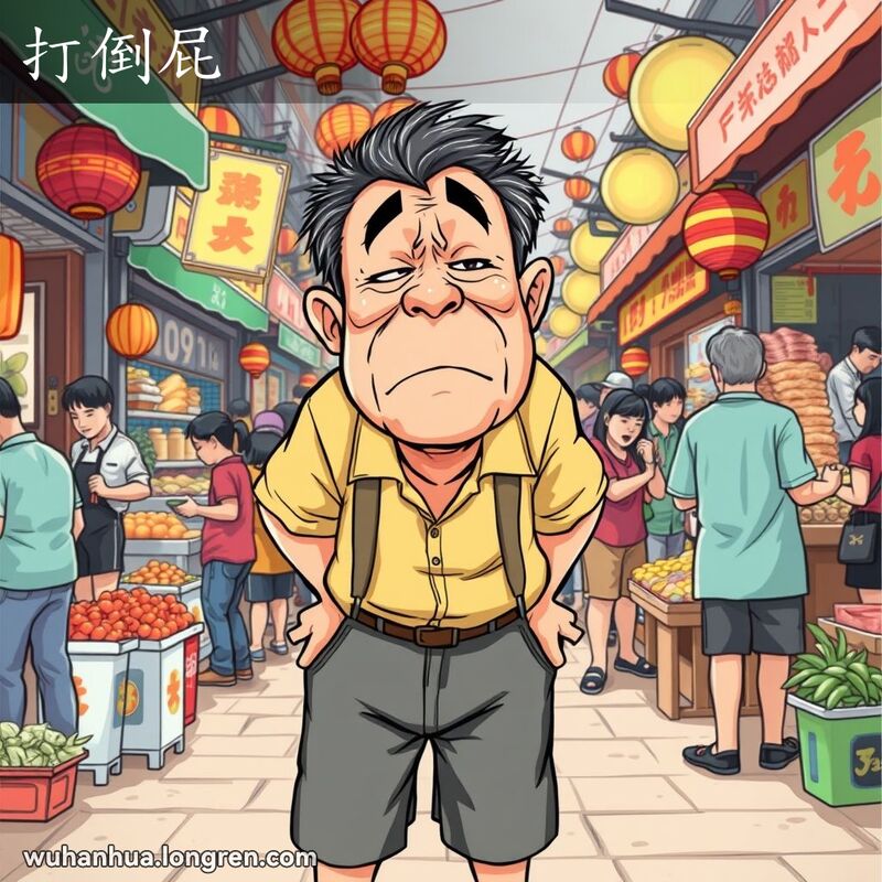 一位中年武汉男子在市场中夸张地打嗝，背景是繁忙的市场景象