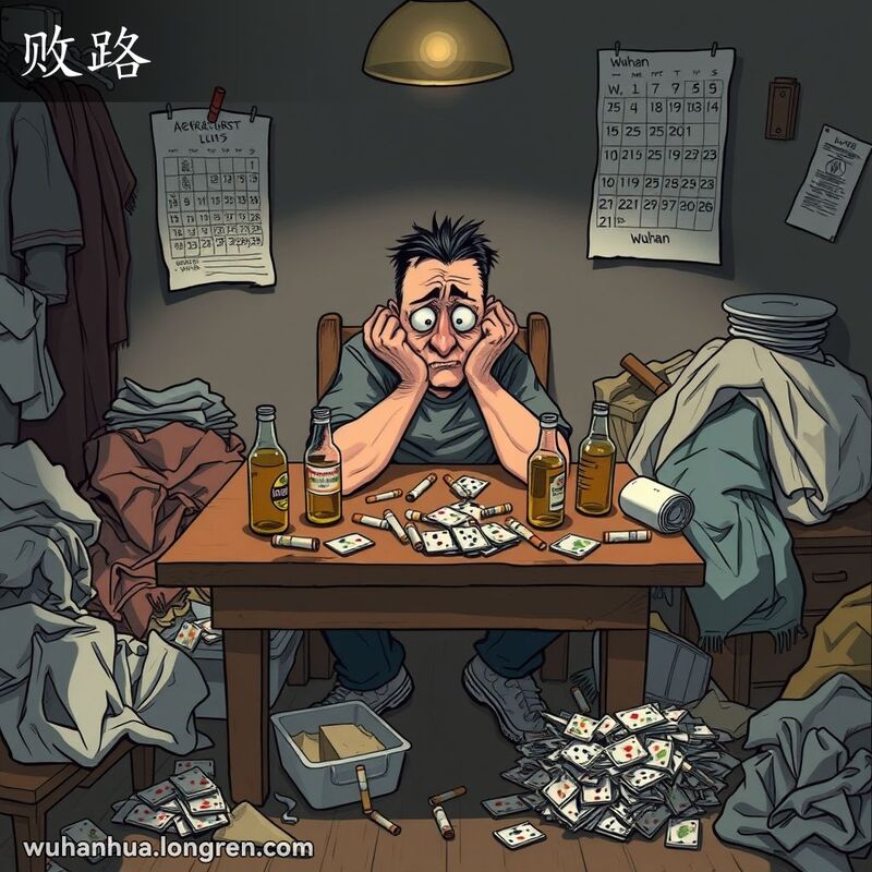 一位武汉男子坐在凌乱的房间里，桌上堆满空啤酒瓶和烟头，面露忧虑，背景是杂乱的房间。