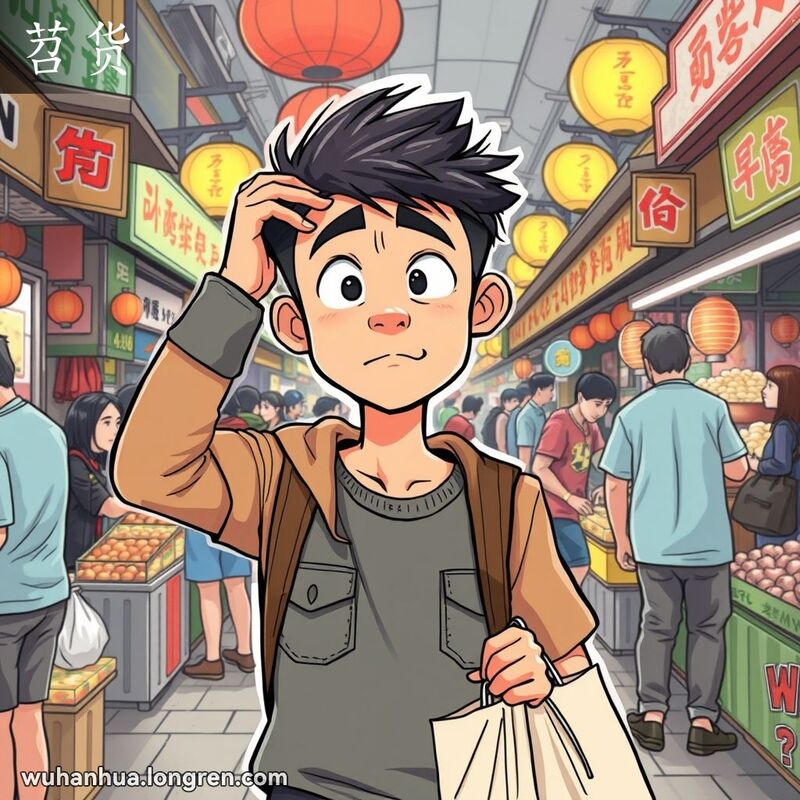 一位年轻的武汉男子在市场中露出困惑和傻气的表情，背景是热闹的市场摊位