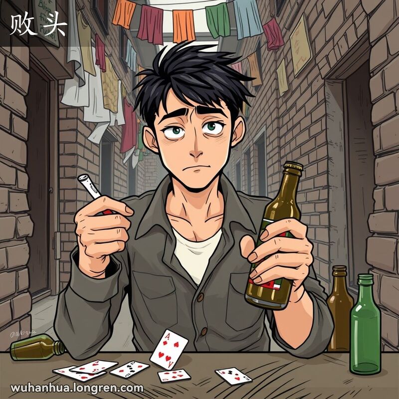 一位年轻男子在武汉小巷中手持香烟和啤酒瓶，背景有扑克牌和空酒瓶，表现不良习惯