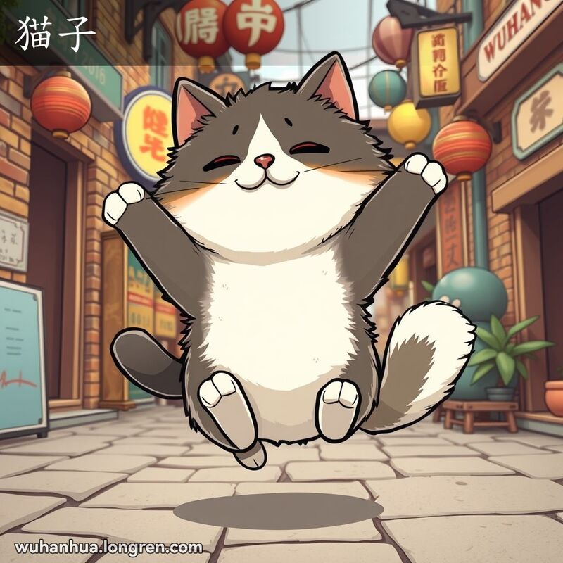 一只可爱的猫咪在武汉老街景中展示其敏捷和跳跃能力