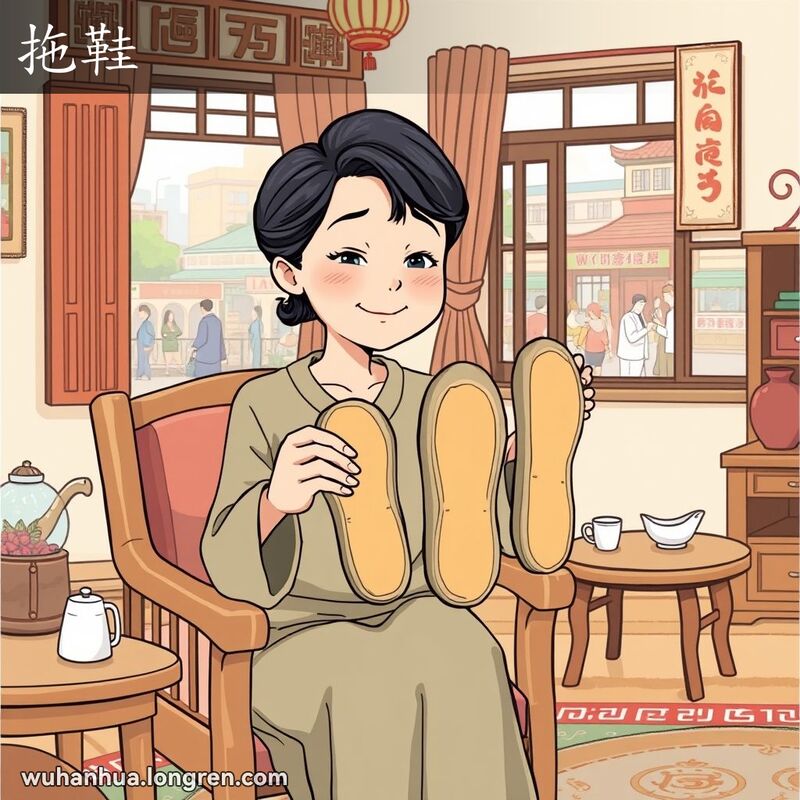 一位中年妇女坐在客厅里，手持一双没有后帮的拖鞋，脸上带着好奇和困惑的表情，背景是武汉传统家具装饰的客厅。