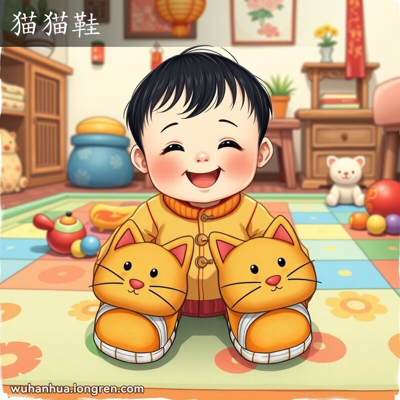 一位婴儿穿着前端做成猫头形状的布鞋，坐在玩具垫上，周围是温馨的家庭环境