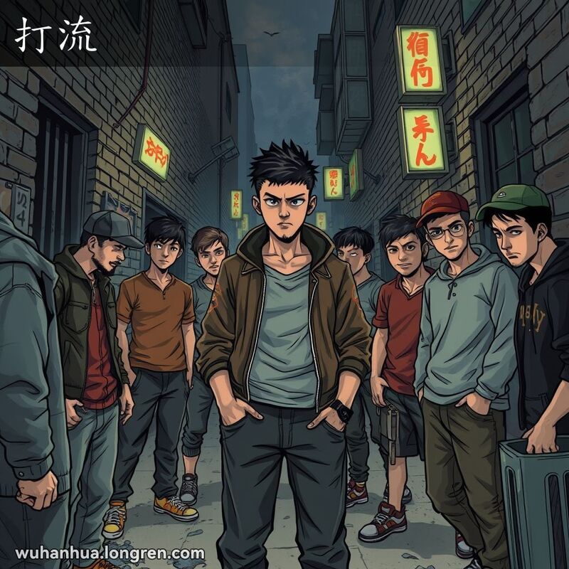 一位年轻人在武汉小巷中加入一群流氓，背景是城市街头景象