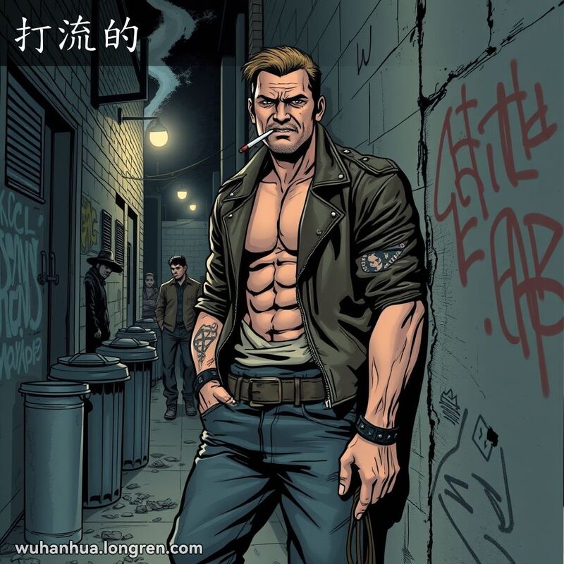 一个坏小子靠在昏暗小巷的墙壁上，嘴里叼着香烟，脸上带着坏笑，背景有涂鸦和垃圾桶