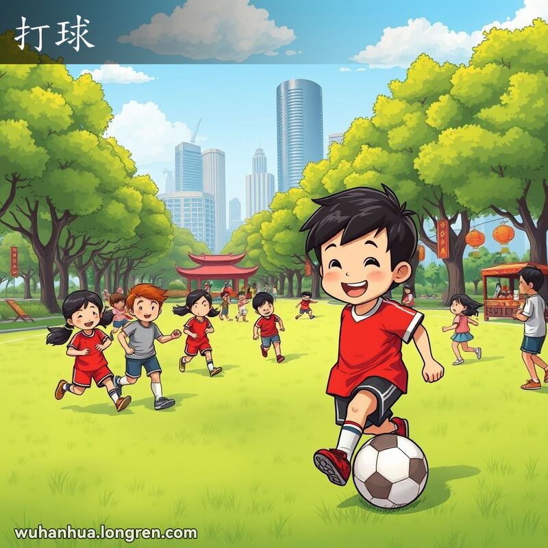 一群孩子在武汉公园里踢足球，主角男孩穿红色球衣，背景有绿树和现代建筑。