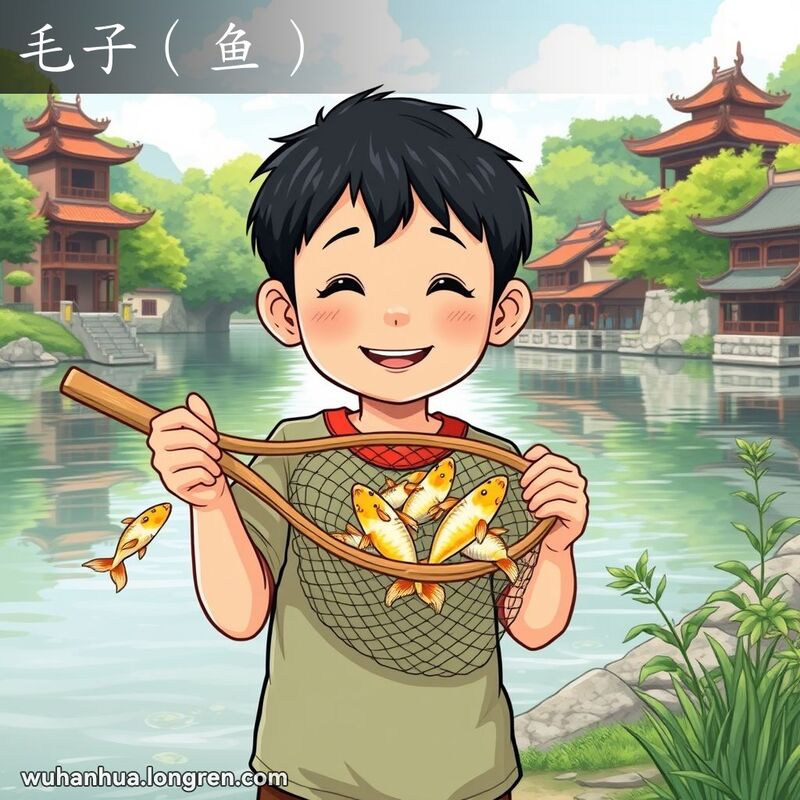 一位武汉小男孩站在河边，手持小渔网，网中有几条小鲤鱼，背景是宁静的河流和茂密的绿植