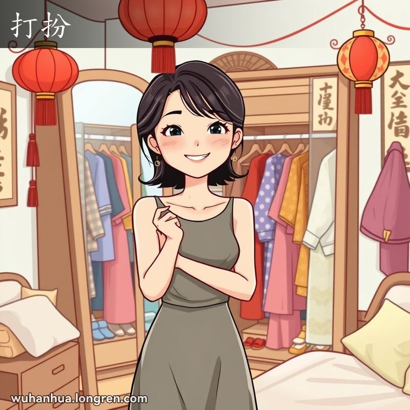 一位武汉女子在卧室里对着镜子试穿不同的衣服，脸上带着满意的笑容，背景是一个装满色彩鲜艳衣服和配饰的衣柜
