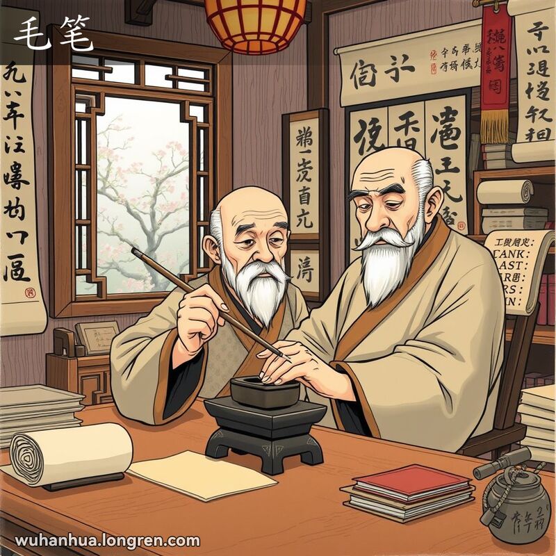 一位武汉老人在书房中手持毛笔专注书写，背景是古色古香的书房和宁静的庭院