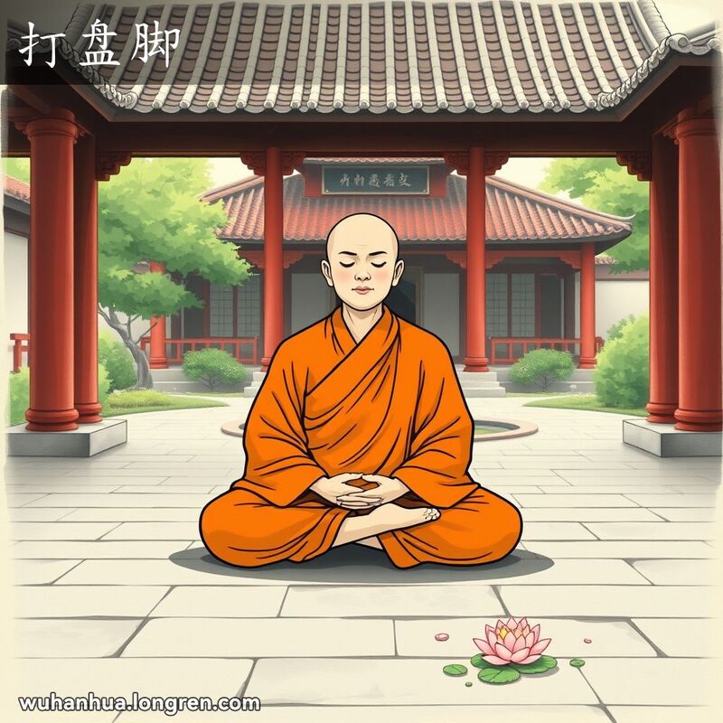 一位僧人在寺庙庭院中盘腿打坐，背景是宁静的花园和中国传统建筑