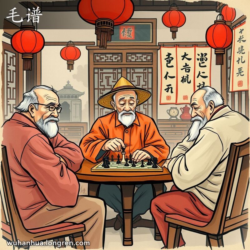 几位老人在武汉茶馆下象棋，其中一位老人手持棋子，神情专注，体现“毛谱”的意思。