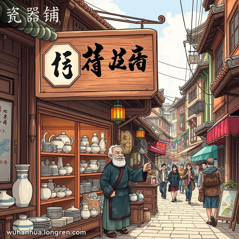 武汉老街上的瓷器铺，店主在店内擦拭瓷瓶，背景有其他小店和行人