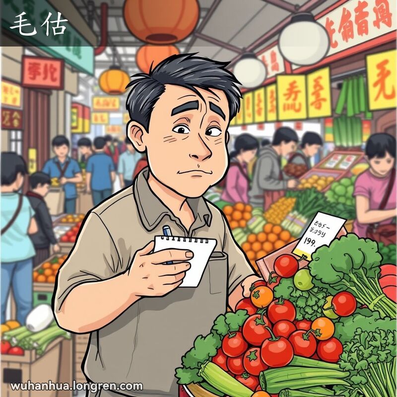 一位中年男子在菜市场中，手持小本子和笔，眯着眼睛、挠着头，试图估算蔬菜的价格，背景是繁忙的市场场景