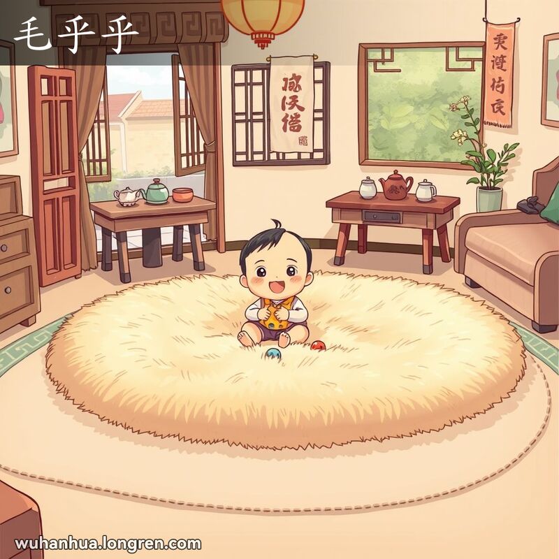 一个小孩坐在毛绒绒的地毯上玩耍，表情充满喜悦和温暖，背景是温馨的客厅