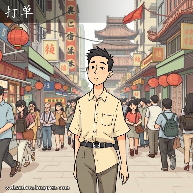 一位男子独自行走在武汉繁忙的街道上，身穿浅色衬衫，表情迷茫，周围是忙碌的街头小贩和行人。