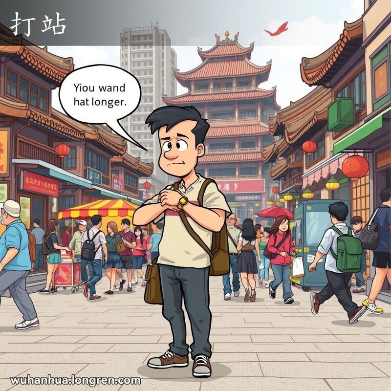 一位男子在武汉街头焦急等待，表情和动作显示出“打站”的不耐烦。
