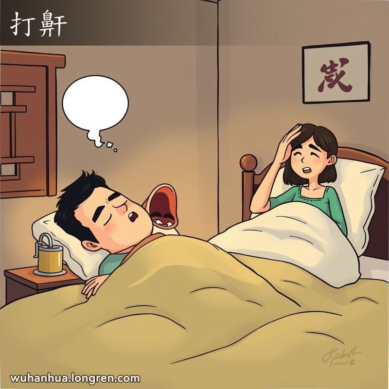 一位男子在卧室熟睡，张大嘴巴打鼾，伴侣坐在床上，手扶额头，表情略显无奈