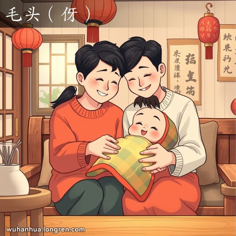 一对年轻的武汉夫妇坐在长凳上，低头微笑地看着一个裹在毯子里的婴儿，背景是传统的中国装饰。