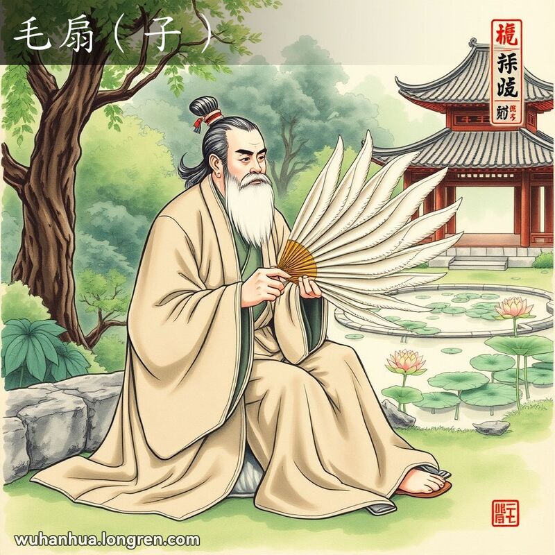 一位古代中国学者手持羽扇，坐在宁静的园林环境中，背景有茂密的绿植、荷花池和中式亭子。
