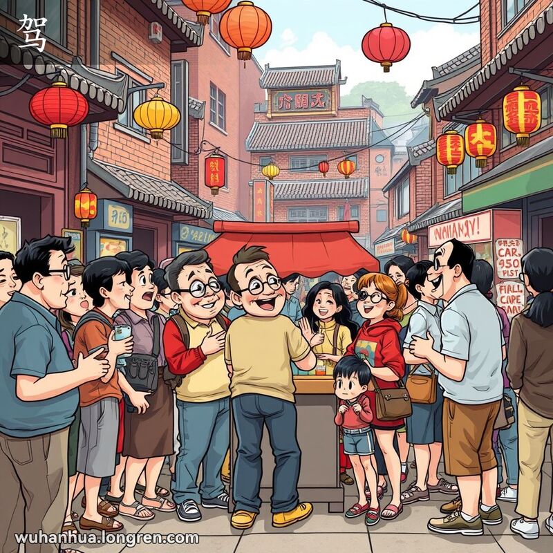 一群人在武汉街头小吃摊前吵吵嚷嚷地聊天，背景是老建筑和街头小贩