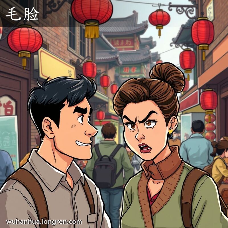 两人在武汉街头对话，一人突然变脸，表情愤怒，另一人惊讶不已，背景是武汉传统街景
