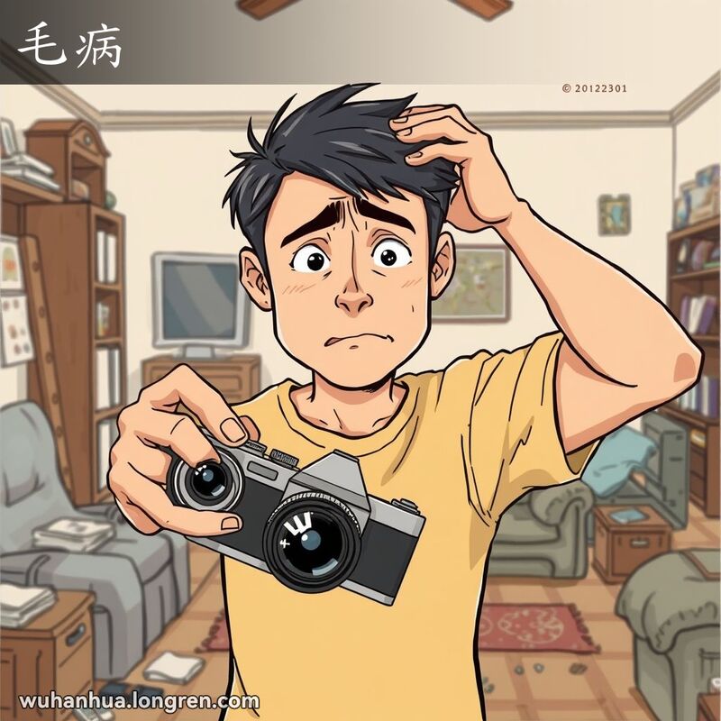 一位男子手持破损的相机，表情困惑和烦恼，背景是杂乱的客厅