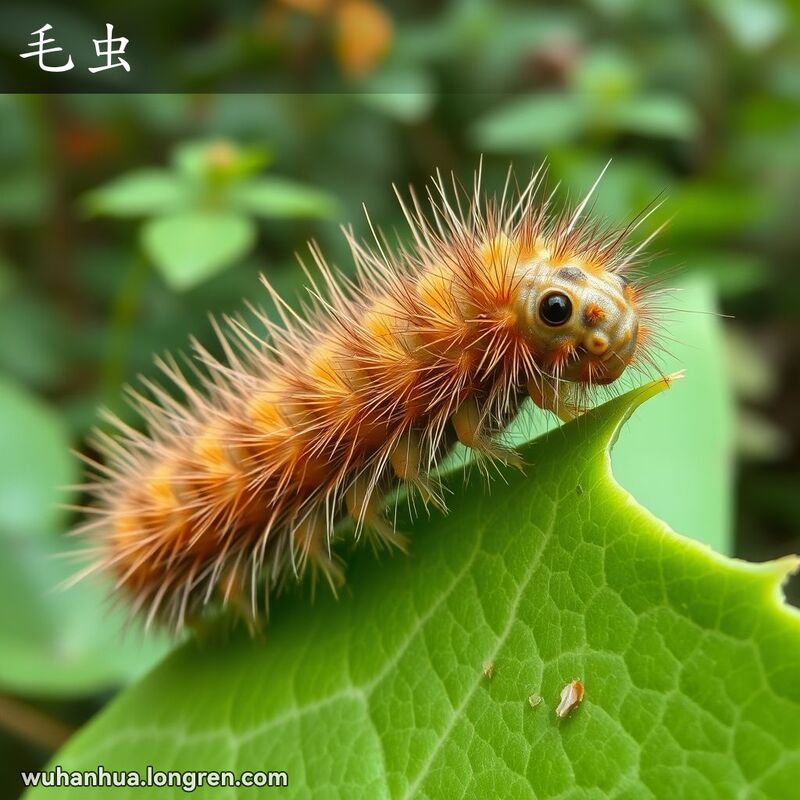 一只毛茸茸的毛虫在绿叶上爬行，背景是茂密的花园或森林