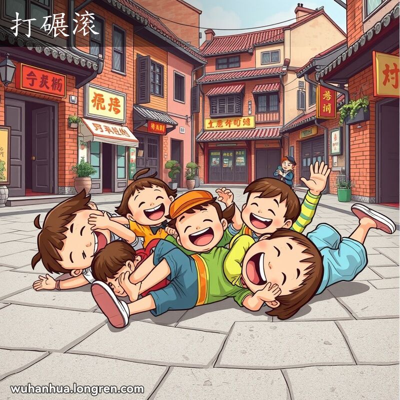 一群孩子在武汉老街的地面上滚来滚去，玩得不亦乐乎，背景是武汉老街景