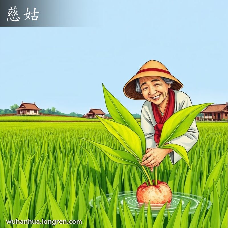 一位农村妇女在水田中采摘慈姑，背景是传统的中国农村景象