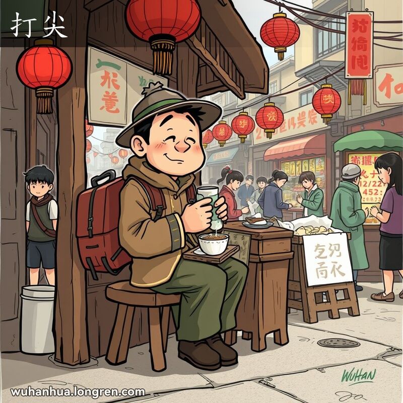 一位穿着传统中式服装的旅行者坐在路边小吃摊，享用简单的面条或包子，背景是武汉的老街景。