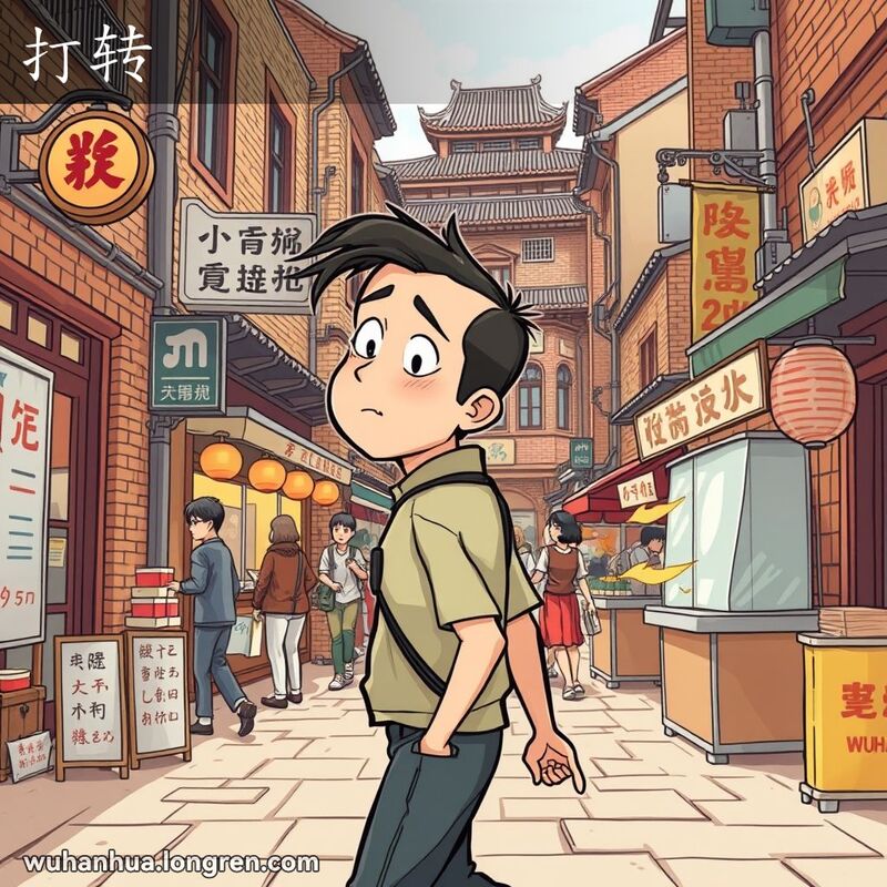 一位武汉男子在街上行走，突然停下并转过头来，背景是武汉老街景