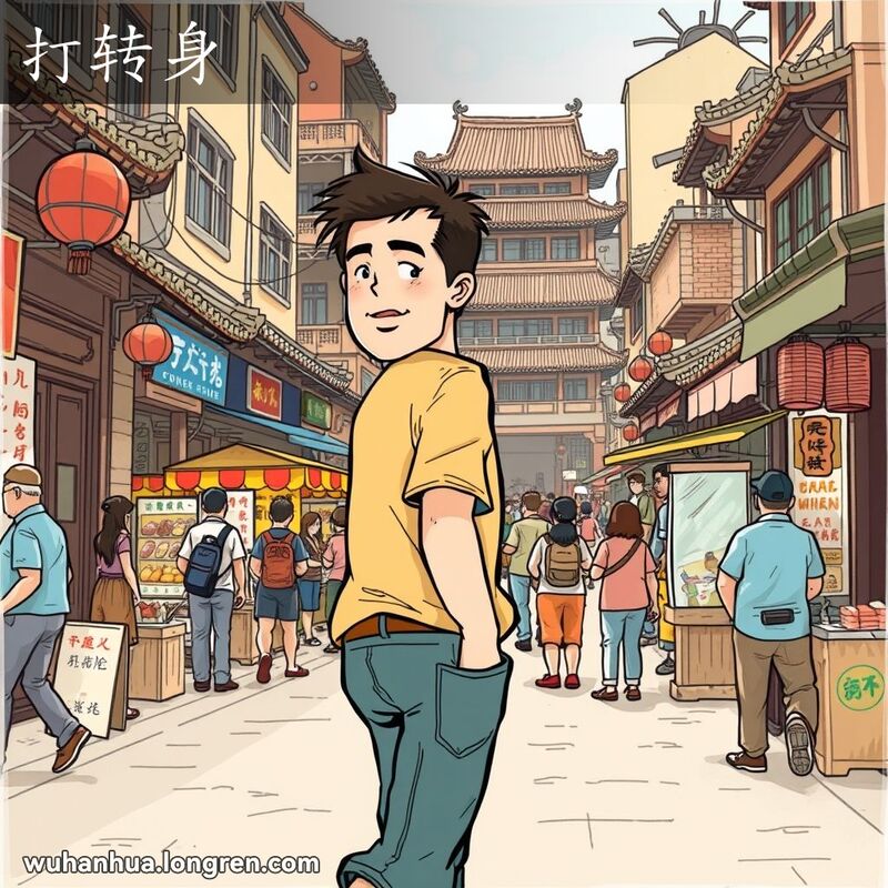一位武汉男子在街上行走，听到喊声后转身回望，背景是武汉的传统街景