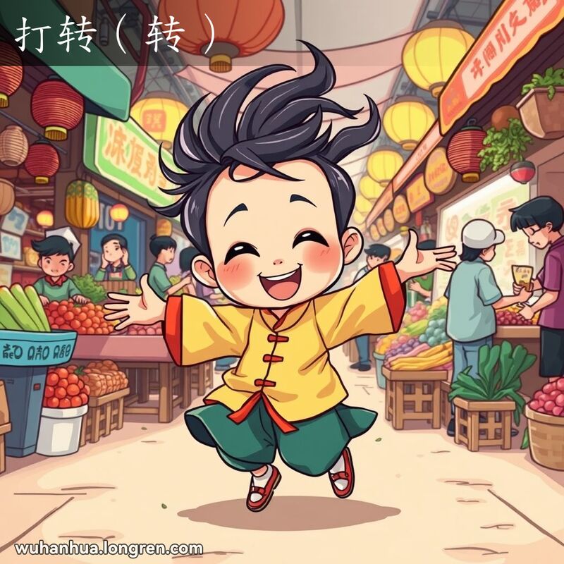 一位武汉孩子在市场中开心地旋转，背景是繁忙的市场摊位和摊贩