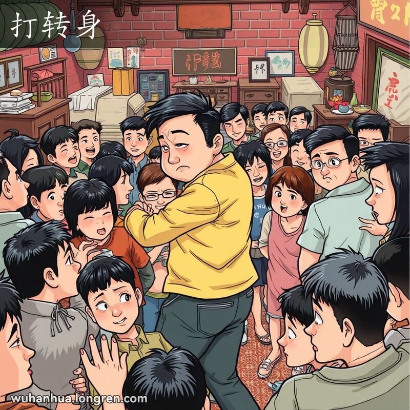 一个人在拥挤的房间里试图转身但感到挫败，背景是武汉老街景