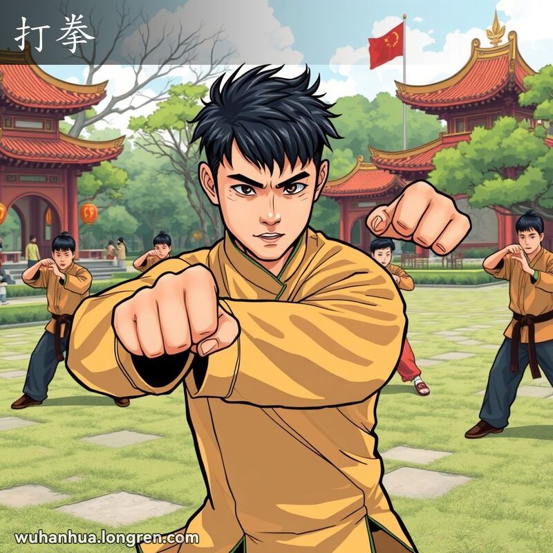 一群人在武汉公园里练习武术，主角专注地进行拳击动作，背景有其他练习者和传统建筑。