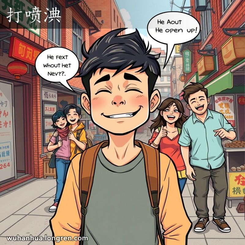 一位武汉年轻人在街上准备打喷嚏，表情夸张幽默，背景是武汉老街景