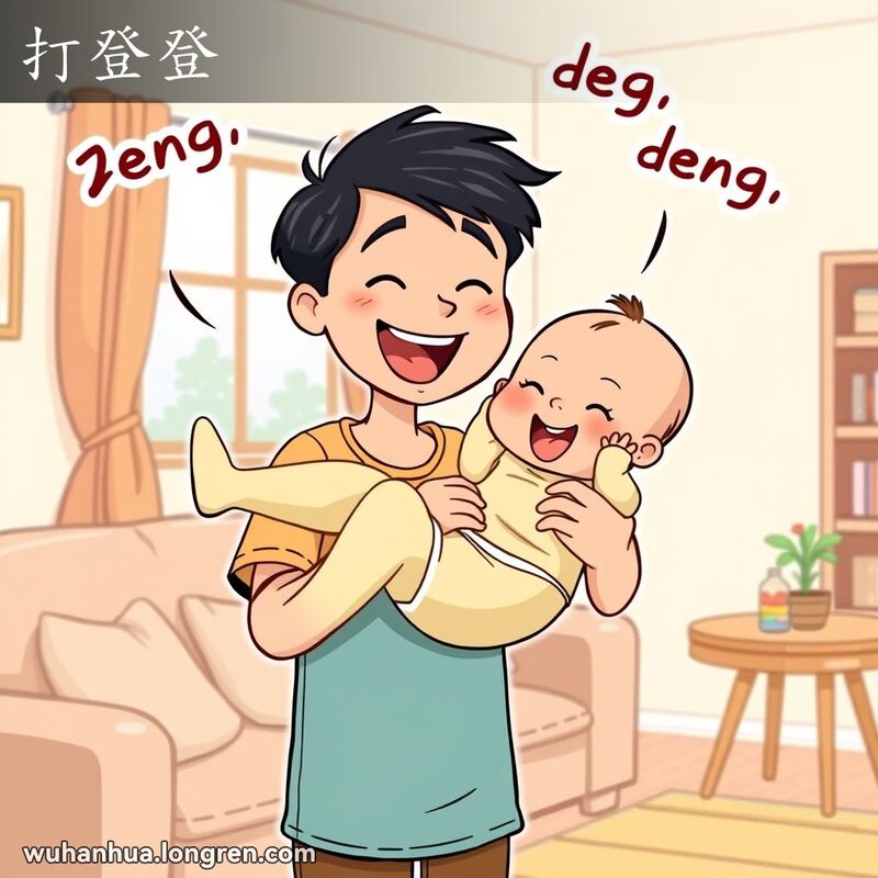 一位年轻的父母抱着婴儿，轻轻地上下托举，婴儿的双腿随着每次托举而伸直和弯曲，父母脸上带着宽大的、欢快的笑容，口中念着“登、登”。婴儿在享受这个互动，笑得很开心。背景是温馨的家庭环境，色彩柔和，画面中有沙发、小桌子和玩具等日常家居用品，窗外透进自然光。