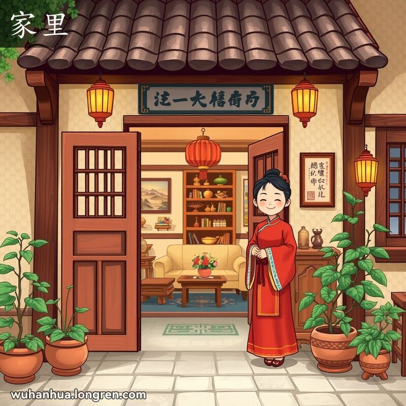一位穿着传统服饰的武汉妇女站在庭院门口微笑迎客，背景是温馨的客厅