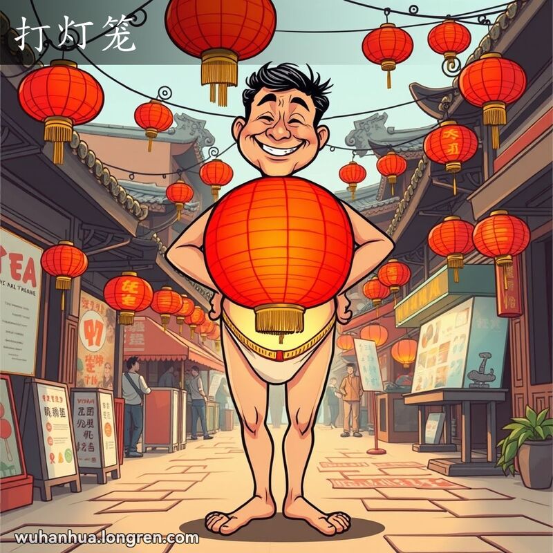 一位男子在武汉老街景中，身戴大红灯笼遮掩私处，表情调皮，暗示“打灯笼”的含义。