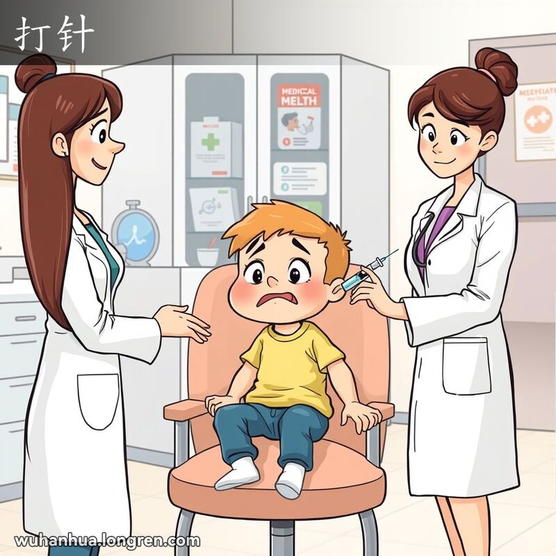 一个小孩在医生办公室里坐在椅子上，护士准备给他打针，妈妈在旁边安慰他，背景是医疗环境。