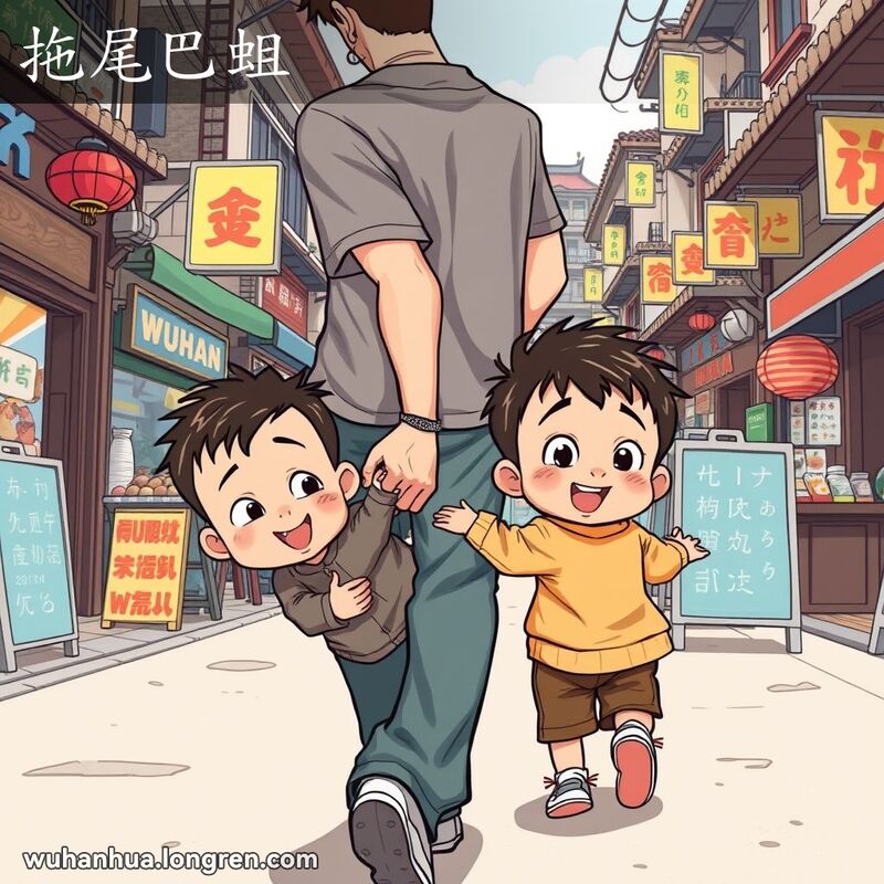 一个小孩紧跟在大人身后，寸步不离，背景是武汉的街头景象