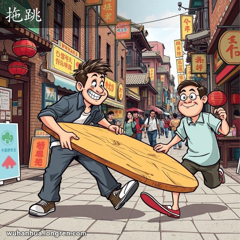 一位武汉男子在街头拉开木板，使得另一人摔倒，背景是武汉老街景